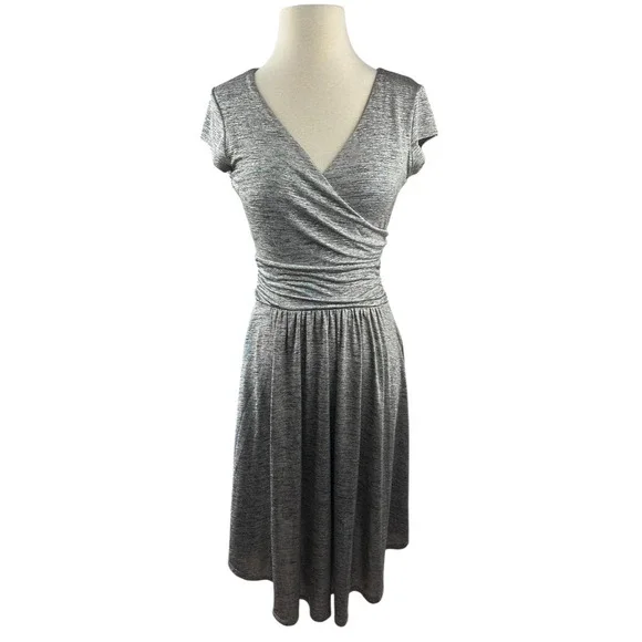 Maeve x Anthropologie Tamera Metallic Silver Shimmer Jersey Dress Faux Wrap XS - Picture 8 of 15